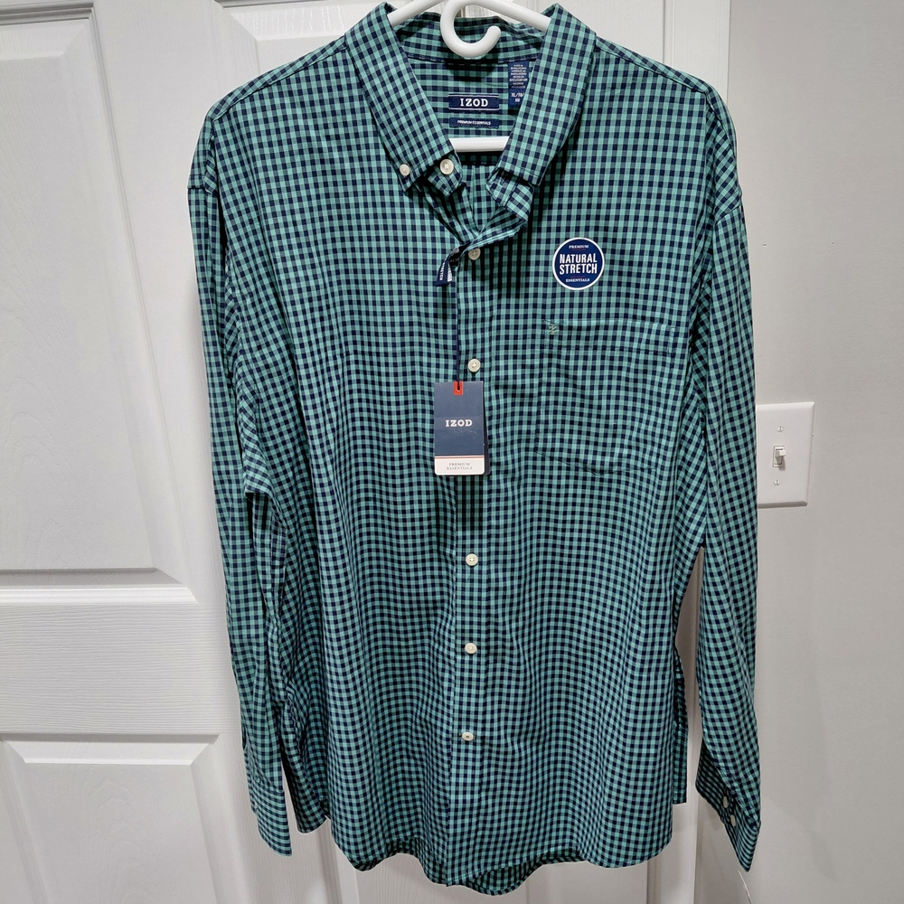 Izod Men's Teal Checkered Button Down Shirt XL New